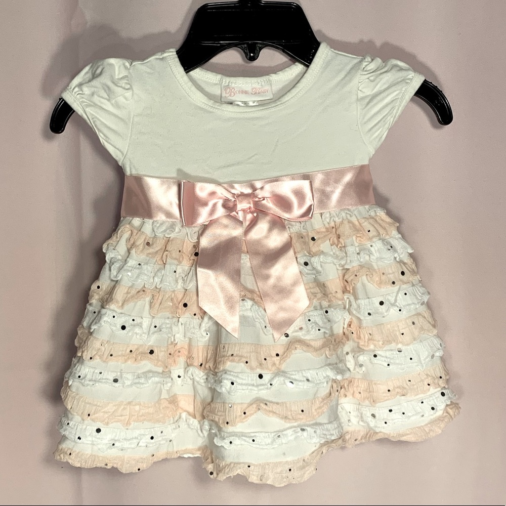 Baby Girl Pink and White Party Dress with Silver Sequins/Pink Satin Ribbon 6-9M